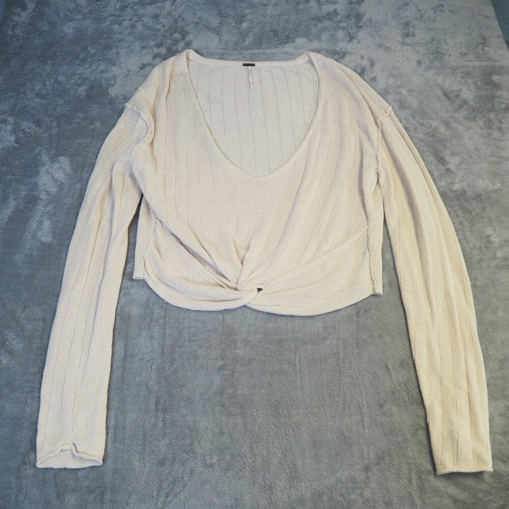 Free People Cream Twist-Front V-Neck Ribbed Sweater